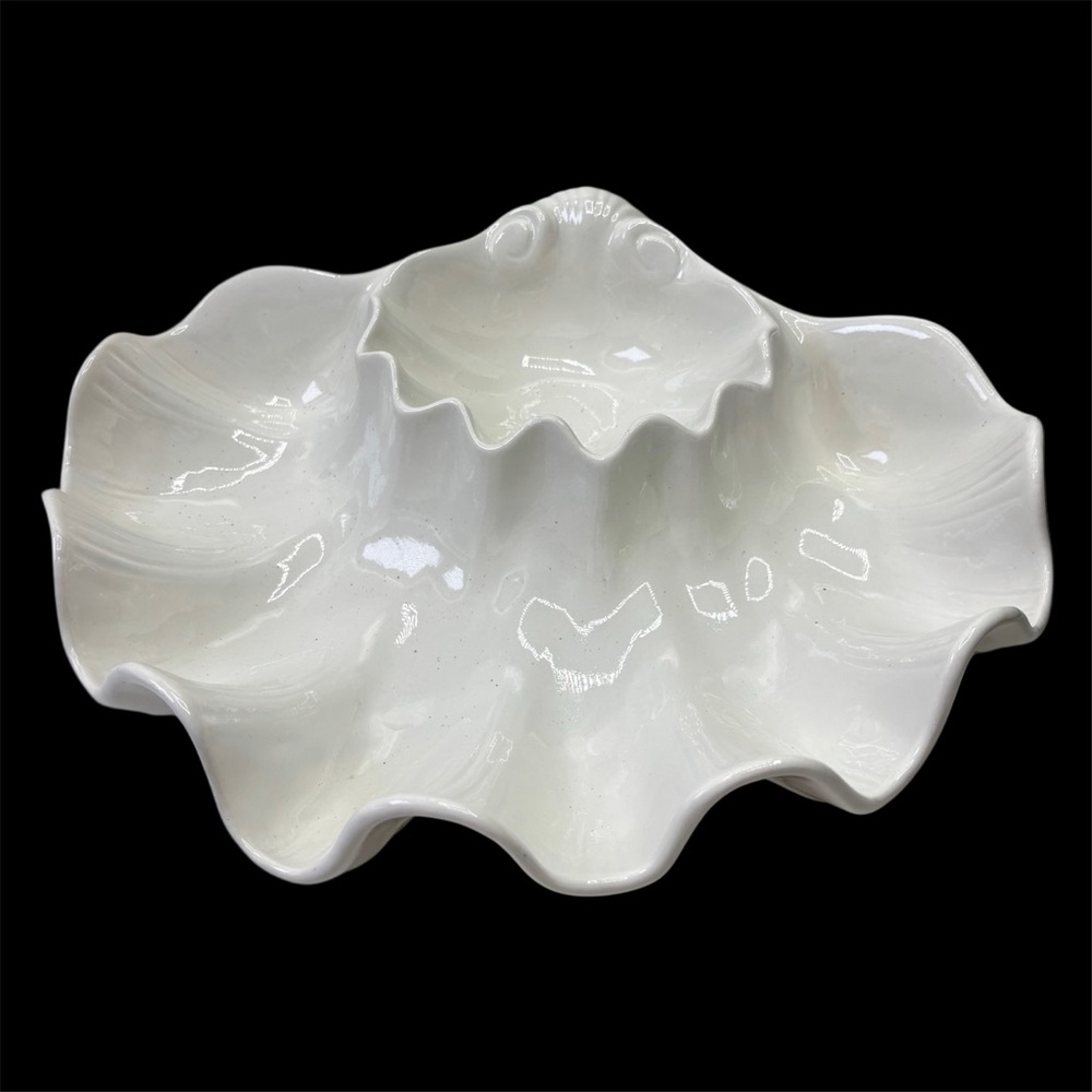 White Clam Shell Vintage Serving Bowl w/ Separate Dip Section Made in the USA